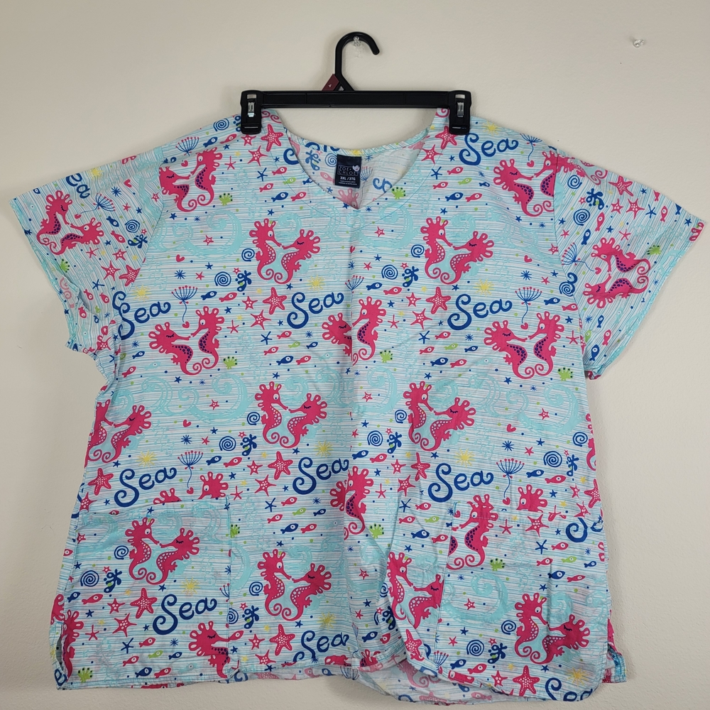 Zoe & Chloe Scrub Top Sz 3XL Seahorse Print 100% Cotton Women's Sea Blues Pinks